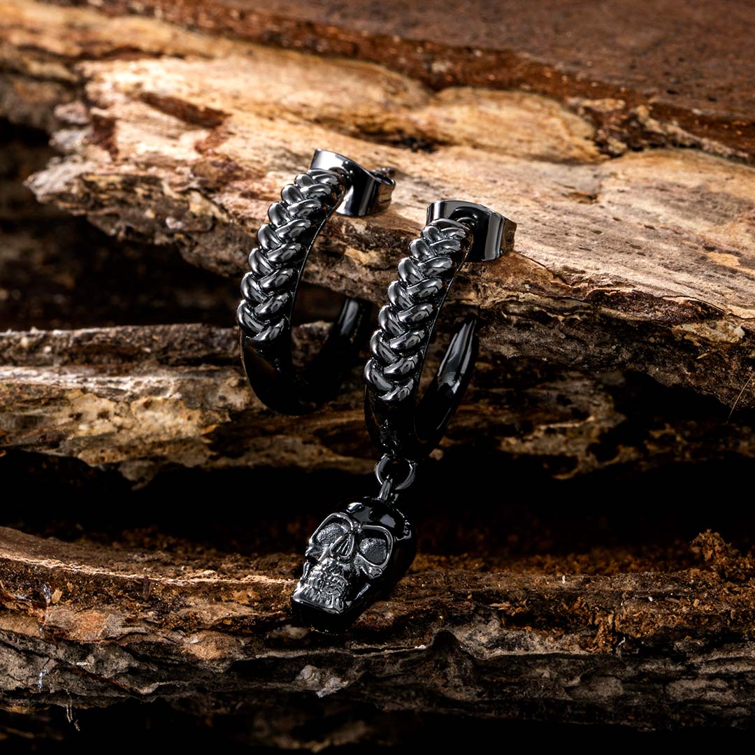 Asymmetric Skull Hoop Earrings In Black Gold With Street Luxury Shine - Image 6