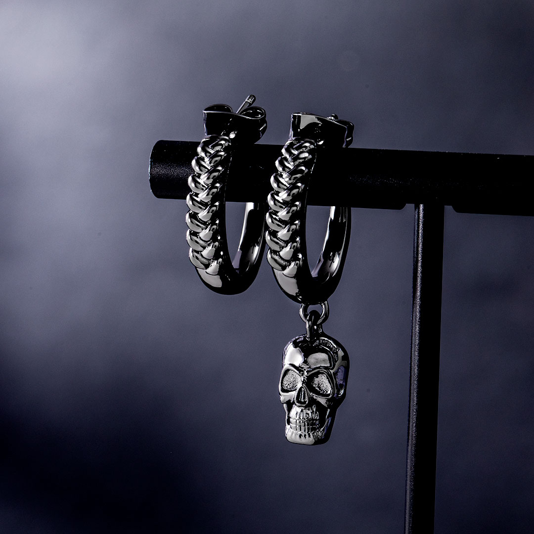 Asymmetric Skull Hoop Earrings In Black Gold With Street Luxury Shine