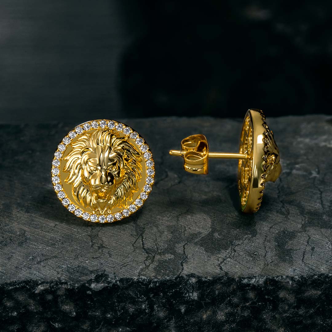 Iced Out Lion Stud Earrings In Gold Made For Street Luxury Energy