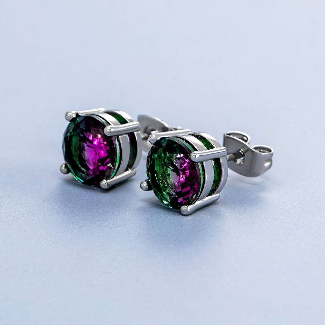 Round Multicolor Stone Stud Earrings Gold With Street Luxury Shine - Image 3
