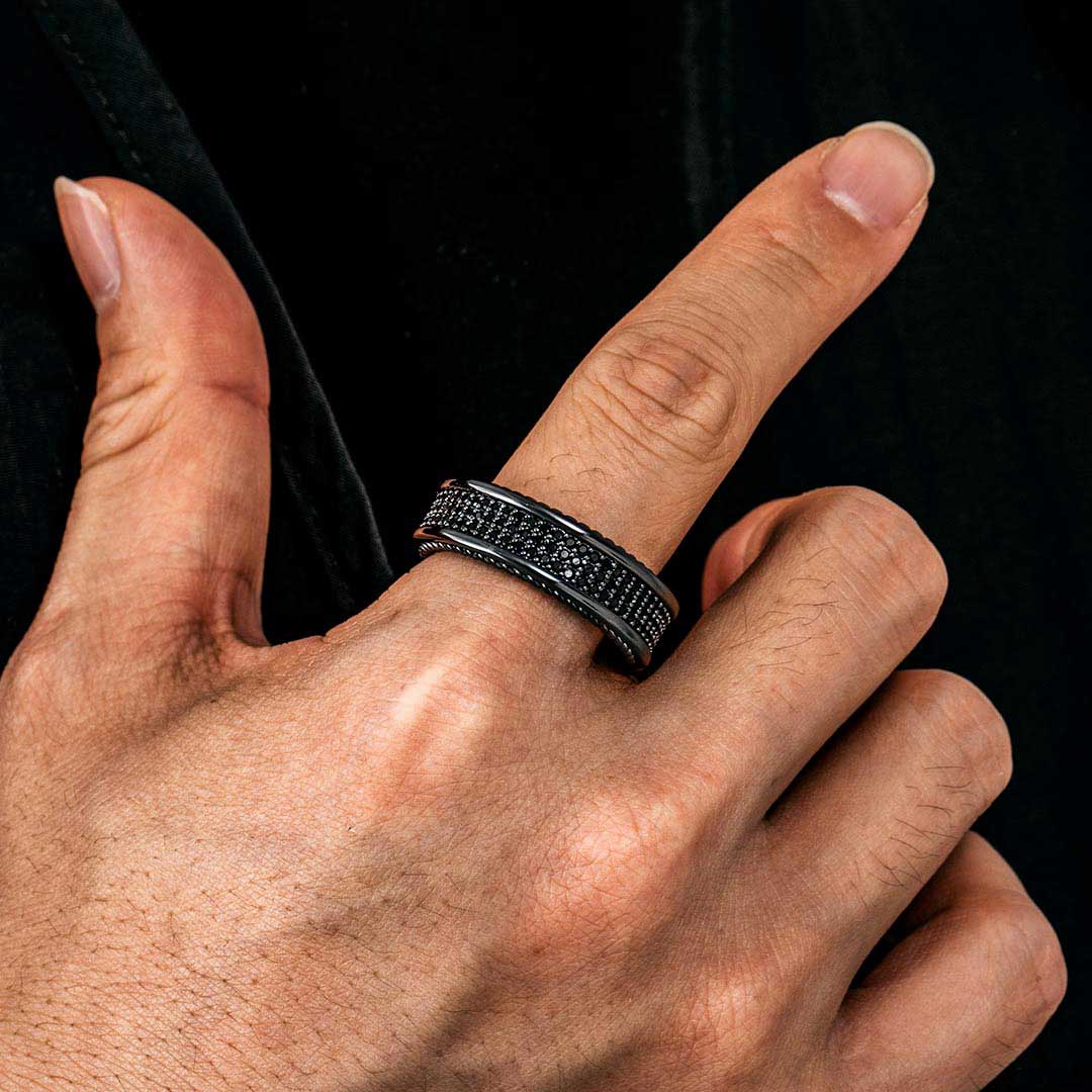 8.5mm Three Row Pave Eternity Band In Black Gold With Street Luxury Shine