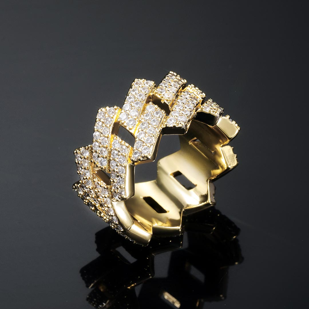 14mm Iced Out Prong Cuban Ring In Gold Gold Shine With Street Luxury