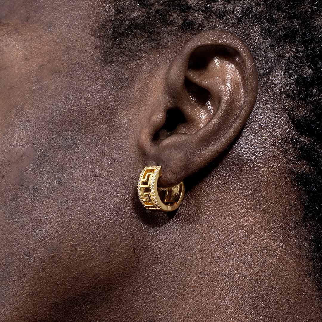 Iced Out Greek Key Hoop Earrings Silver With Street Luxury Shine - Image 3
