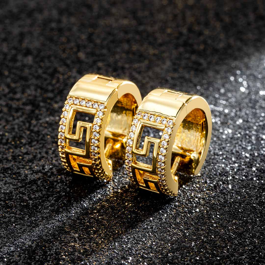 Iced Out Greek Key Hoop Earrings Silver With Street Luxury Shine - Image 4