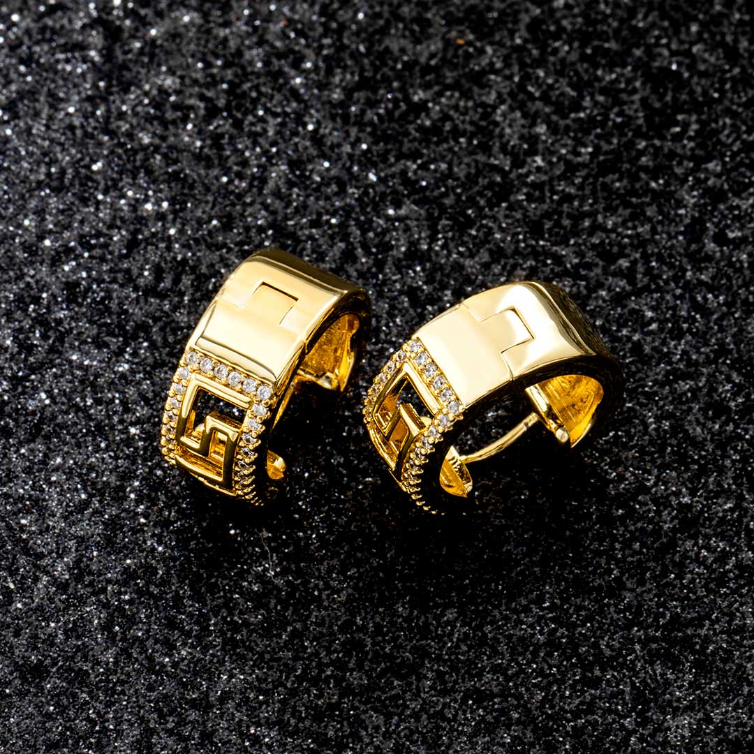 Iced Out Greek Key Hoop Earrings Silver With Street Luxury Shine - Image 5
