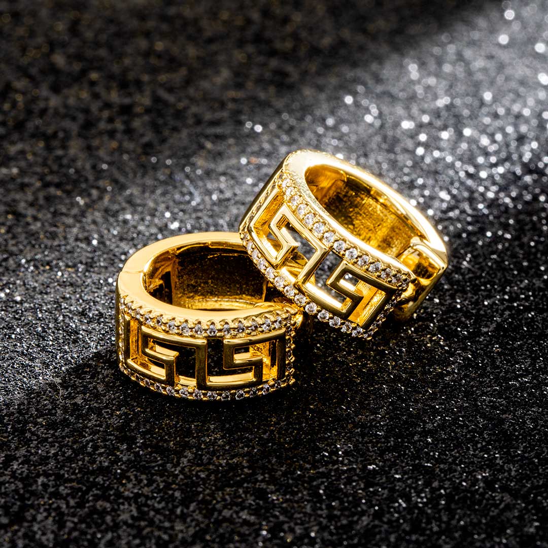 Iced Out Greek Key Hoop Earrings Silver With Street Luxury Shine