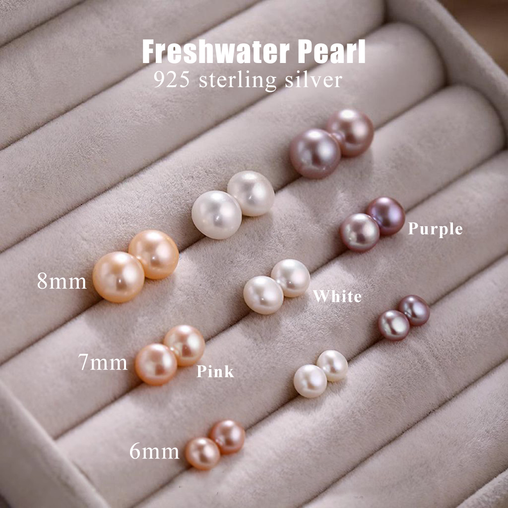 8mm/7mm/6mm White Freshwater Pearl S925 Stud Earrings Silver - Image 4