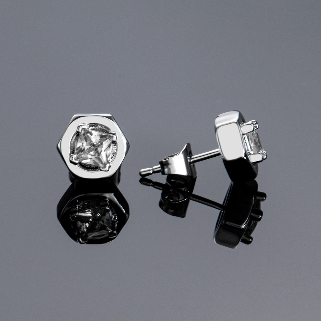 Iced Out Hexagon Nut Studs Earrings Gold With Street Luxury Shine - Image 3