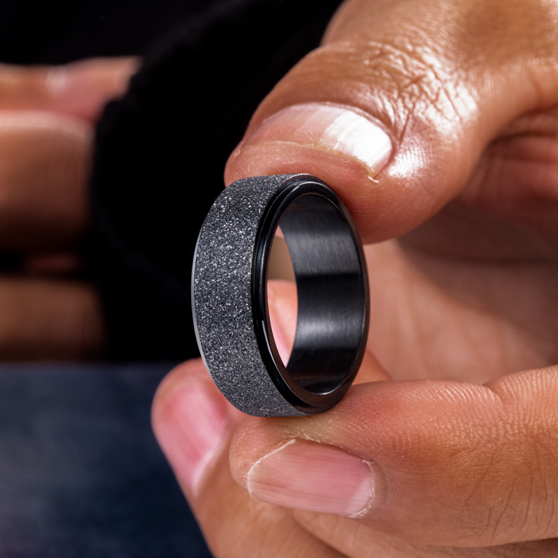 Men's Rotating Frosted Steel Simple Band In Black Gold Ring - Image 6