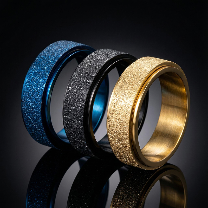Men's Rotating Frosted Steel Simple Band In Black Gold Ring - Image 7