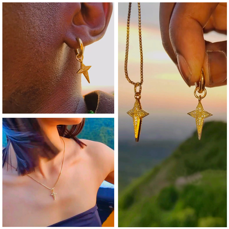Iced Out Four-pointed Star Dangle Earrings Gold With Street Luxury Shine - Image 4