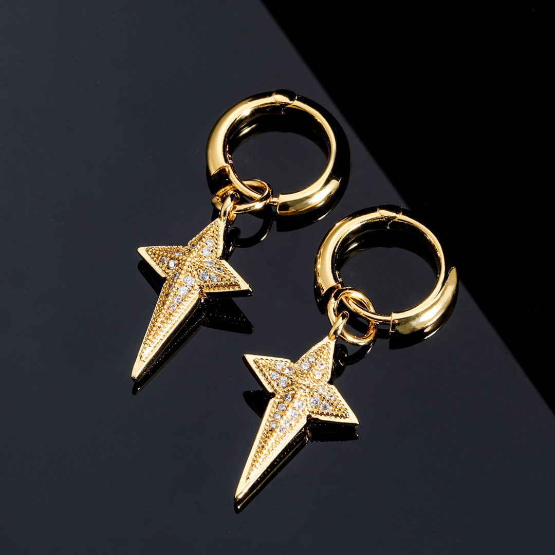 Iced Out Four-pointed Star Dangle Earrings Gold With Street Luxury Shine - Image 6