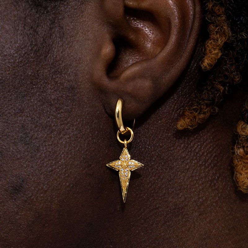 Iced Out Four-pointed Star Dangle Earrings Gold With Street Luxury Shine