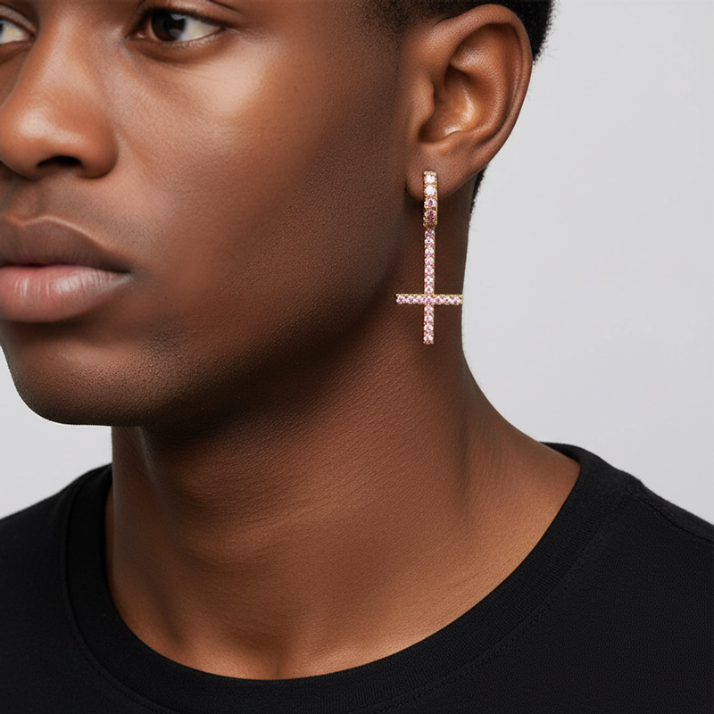 Iced Out Inverted Cross Earrings Gold With Street Luxury Shine - Image 3