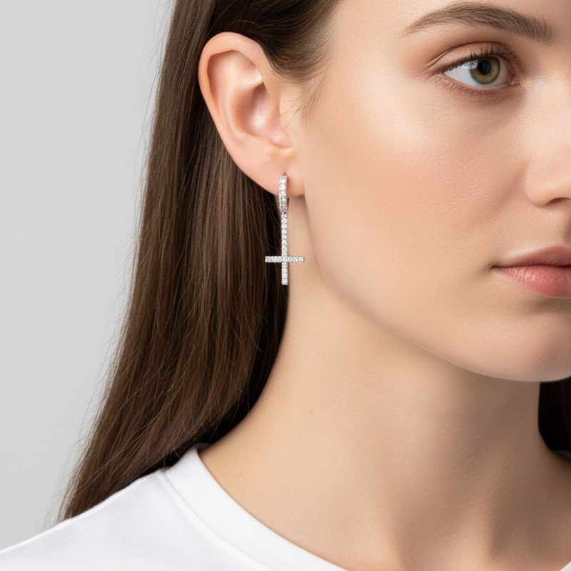 Iced Out Inverted Cross Earrings Gold With Street Luxury Shine - Image 5