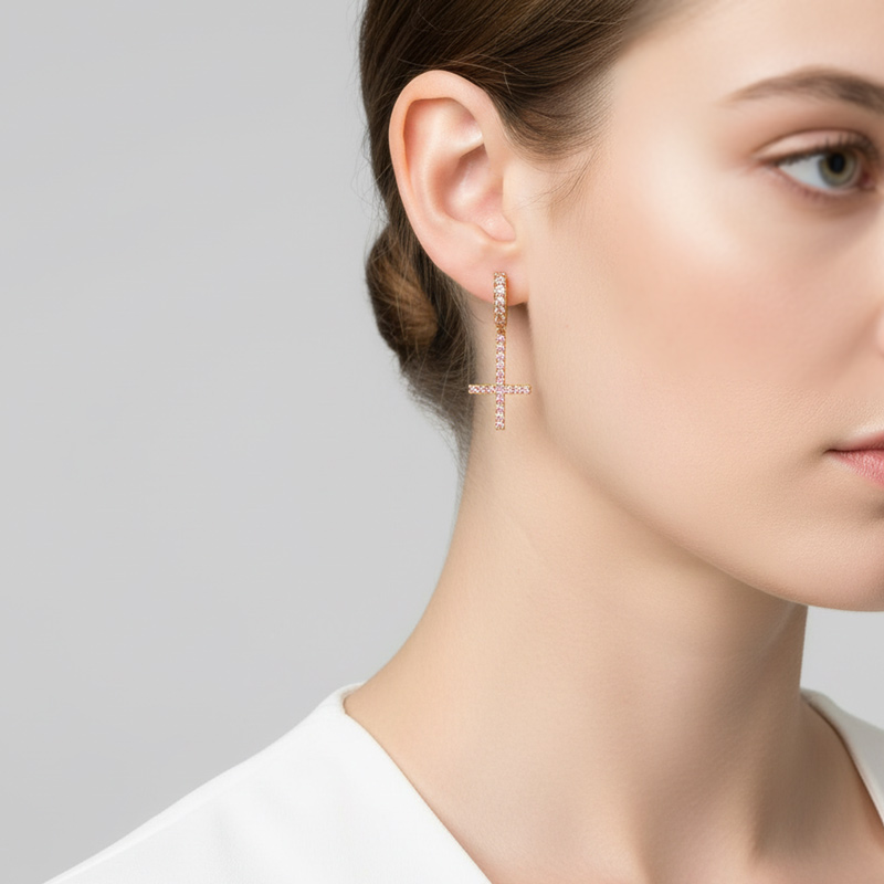 Iced Out Inverted Cross Earrings Gold With Street Luxury Shine - Image 6