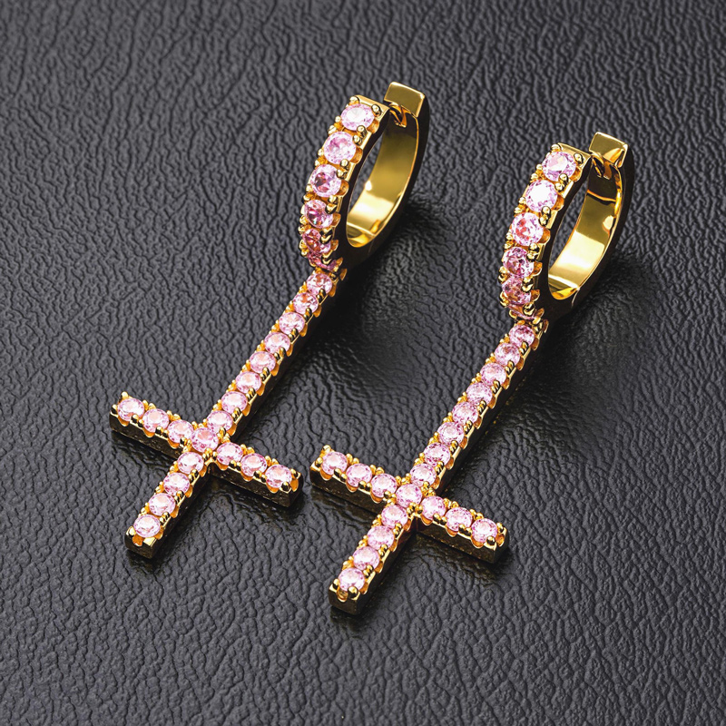 Iced Out Inverted Cross Earrings Gold With Street Luxury Shine