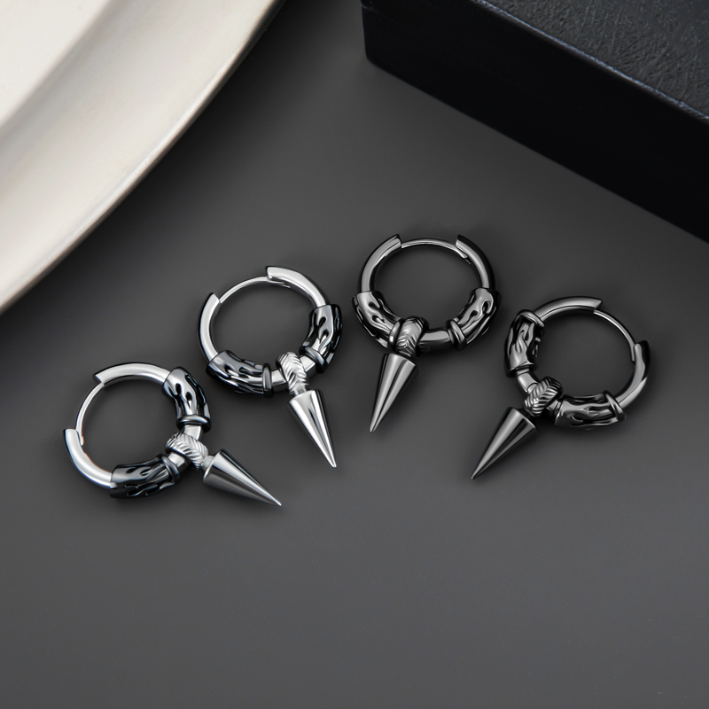 Removable Pointed Cone With Flame Pattern Hoop Earrings Gold - Image 3