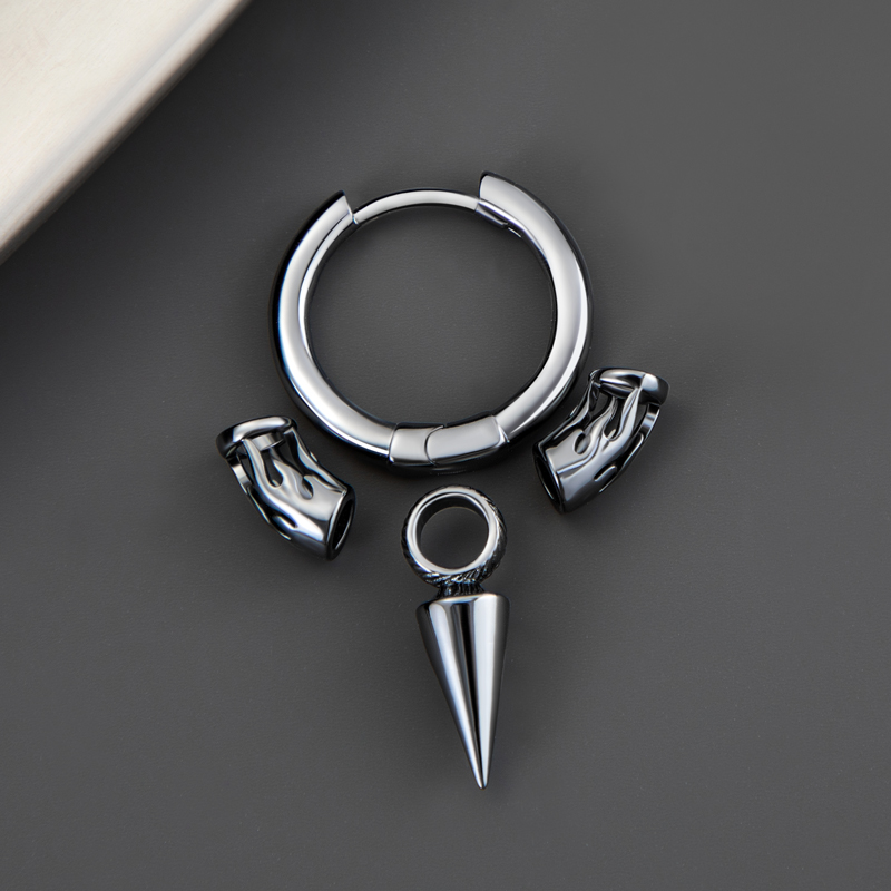 Removable Pointed Cone With Flame Pattern Hoop Earrings Gold - Image 5