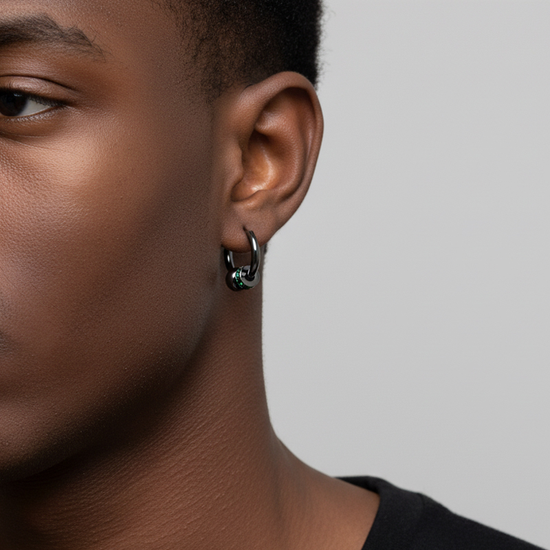 Black Punk Ball & Emerald Scattered Circle Hoop Earring Silver - Image 3
