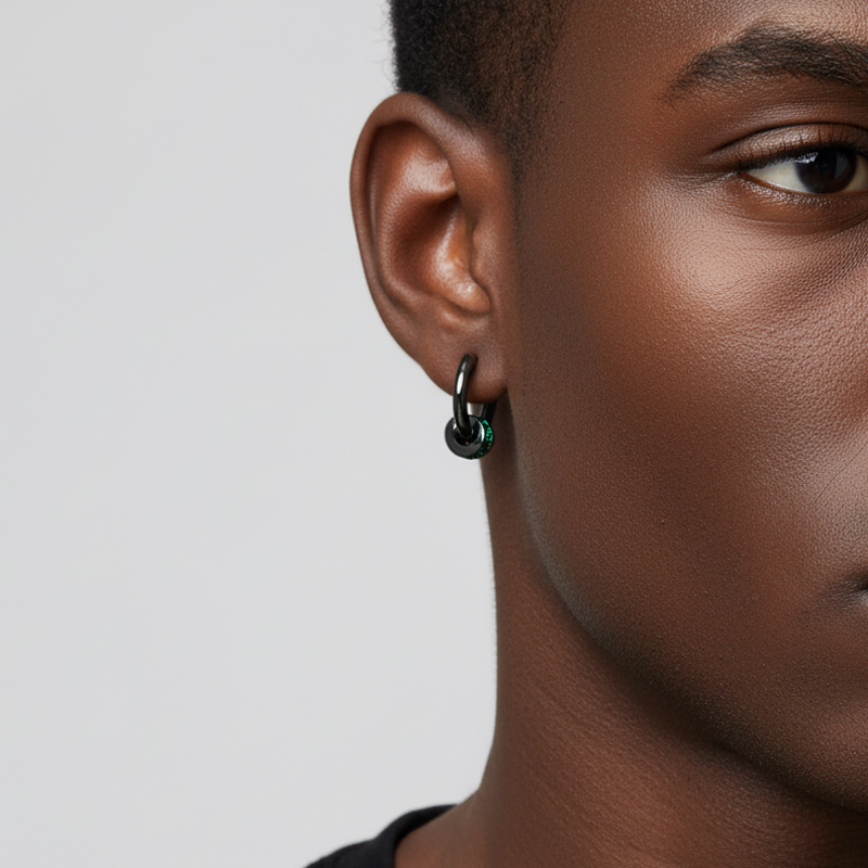 Black Punk Ball & Emerald Scattered Circle Hoop Earring Silver - Image 4