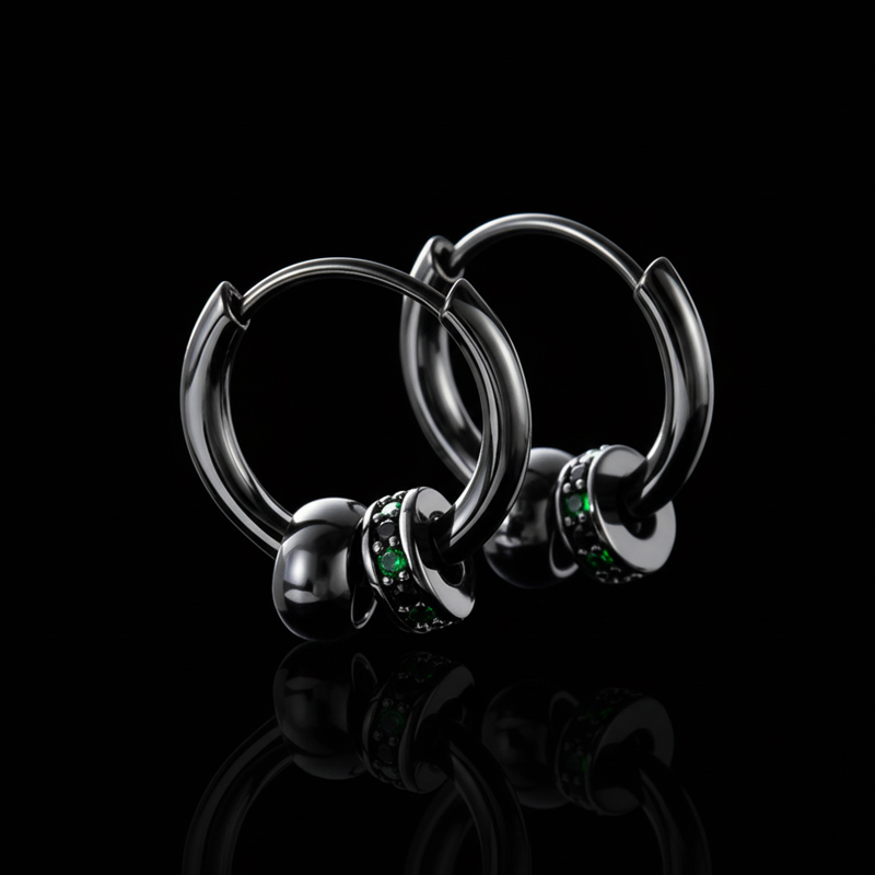 Black Punk Ball & Emerald Scattered Circle Hoop Earring Silver - Image 5