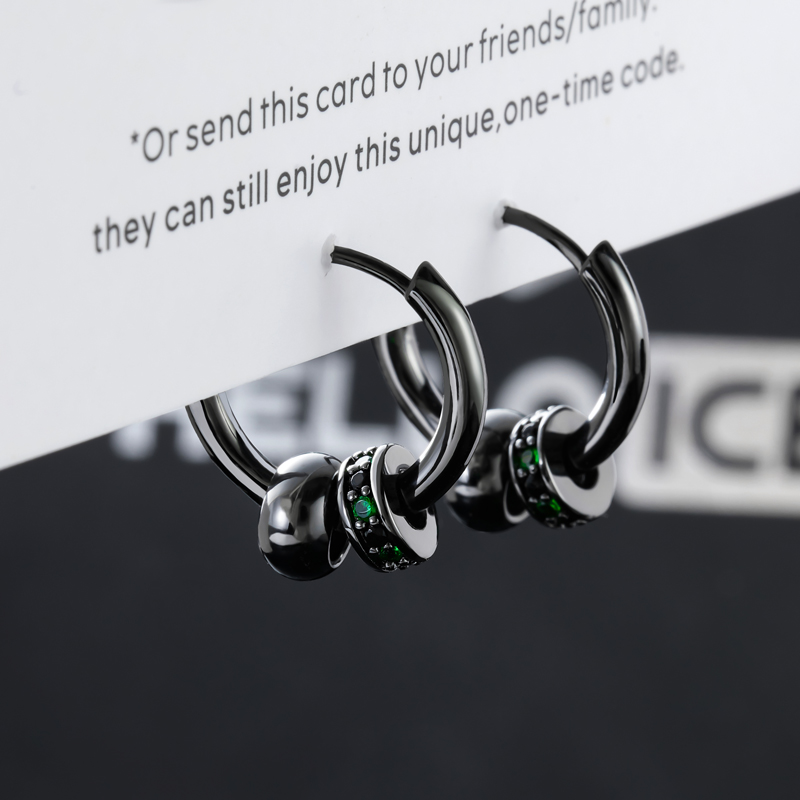 Black Punk Ball & Emerald Scattered Circle Hoop Earring Silver - Image 6