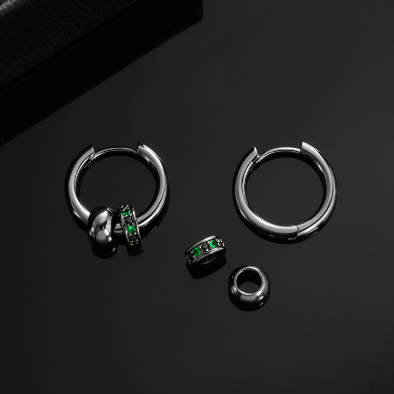 Black Punk Ball & Emerald Scattered Circle Hoop Earring Silver - Image 7