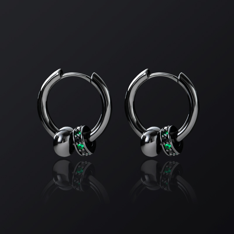 Black Punk Ball & Emerald Scattered Circle Hoop Earring Silver