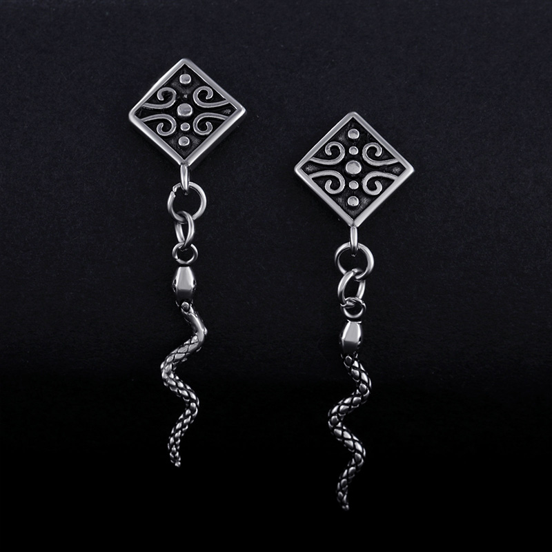 Rhombus Stud With Snake Hook Dangle Earrings With Street Luxury Shine - Image 3
