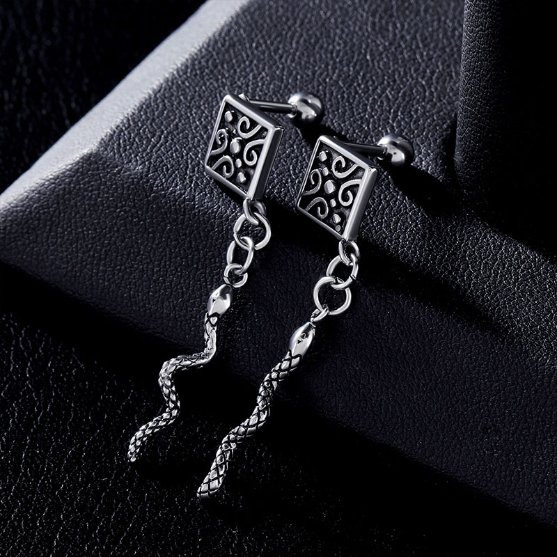 Rhombus Stud With Snake Hook Dangle Earrings With Street Luxury Shine - Image 4