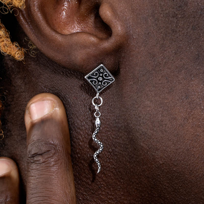Rhombus Stud With Snake Hook Dangle Earrings With Street Luxury Shine