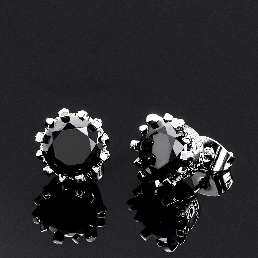 Crown Black Round Cut Stone Stud Earrings Silver With Street Luxury Shine - Image 4