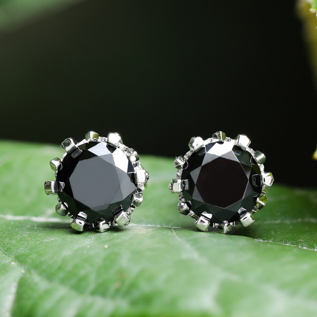 Crown Black Round Cut Stone Stud Earrings Silver With Street Luxury Shine - Image 5