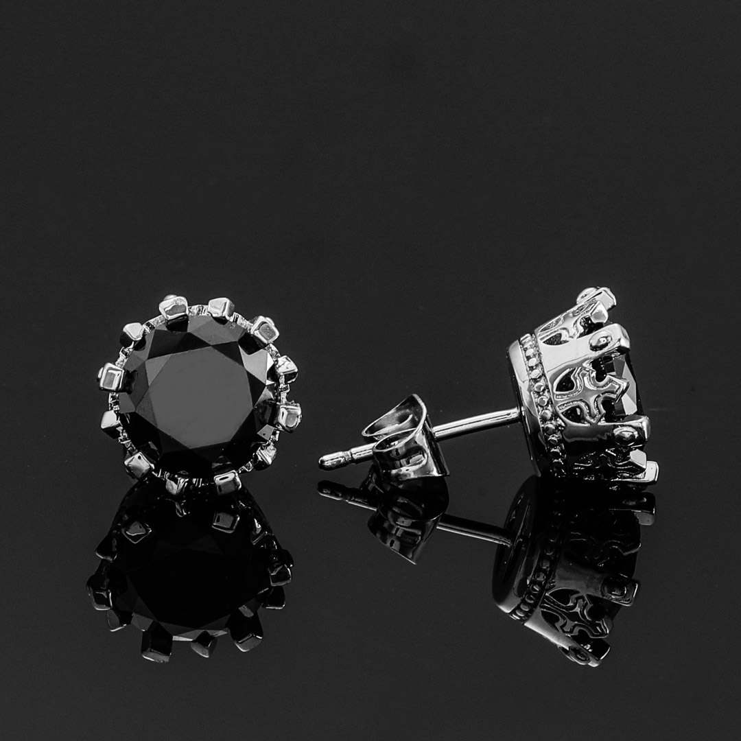 Crown Black Round Cut Stone Stud Earrings Silver With Street Luxury Shine