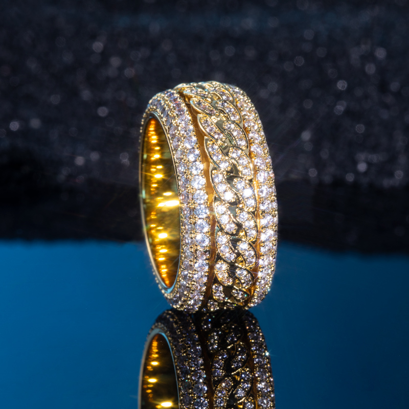 Iced Out Rotatable Cuban Ring In Gold Moissanite With Street Luxury Shine