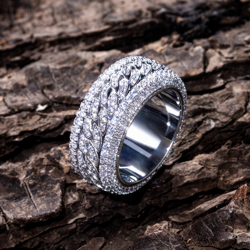 Iced Out Rotatable Cuban Ring In White Gold Silver With Street Luxury Shine