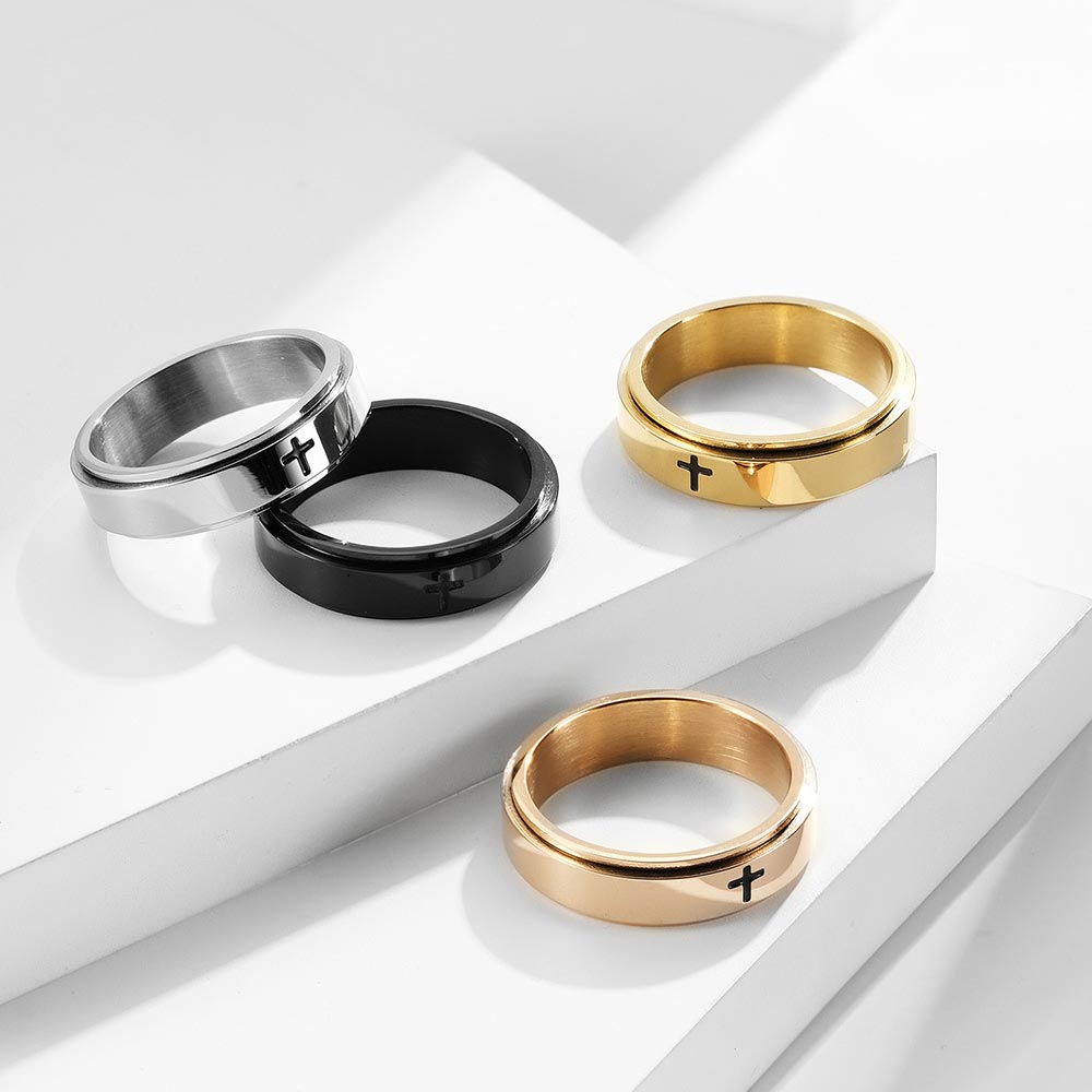 Spinner Relieving Stress Stainless Steel Cross Band In Black Gold Ring - Image 4