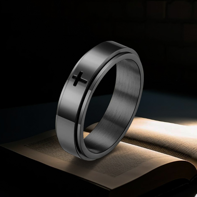 Spinner Relieving Stress Stainless Steel Cross Band In Black Gold Ring