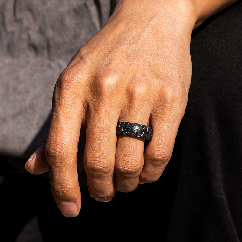 Men's Basketball Pattern Frosted Steel Band In Black Gold Ring - Image 3