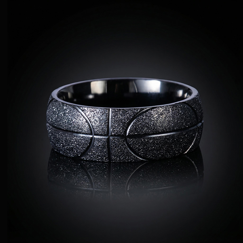 Men's Basketball Pattern Frosted Steel Band In Black Gold Ring - Image 4