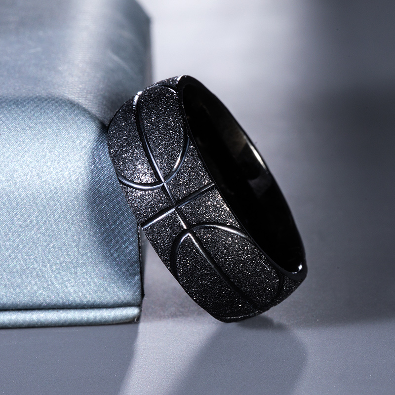 Men's Basketball Pattern Frosted Steel Band In Black Gold Ring - Image 5