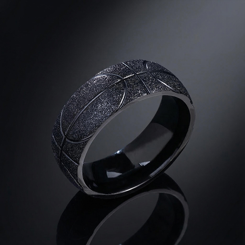 Men's Basketball Pattern Frosted Steel Band In Black Gold Ring - Image 6