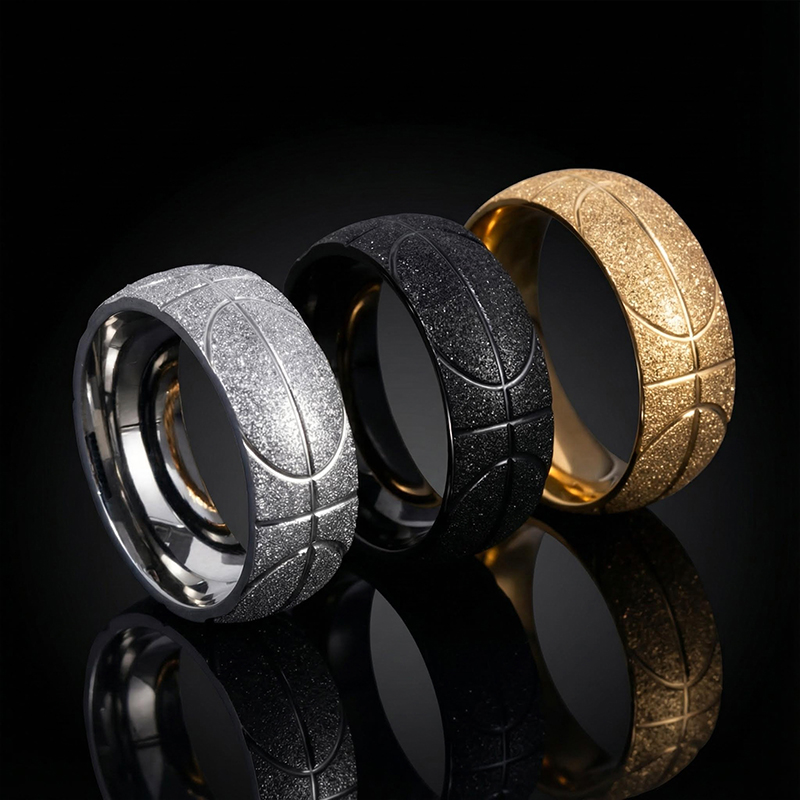 Men's Basketball Pattern Frosted Steel Band In Black Gold Ring - Image 7
