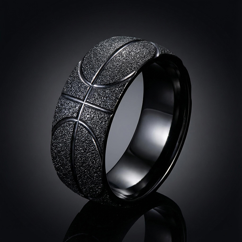 Men's Basketball Pattern Frosted Steel Band In Black Gold Ring