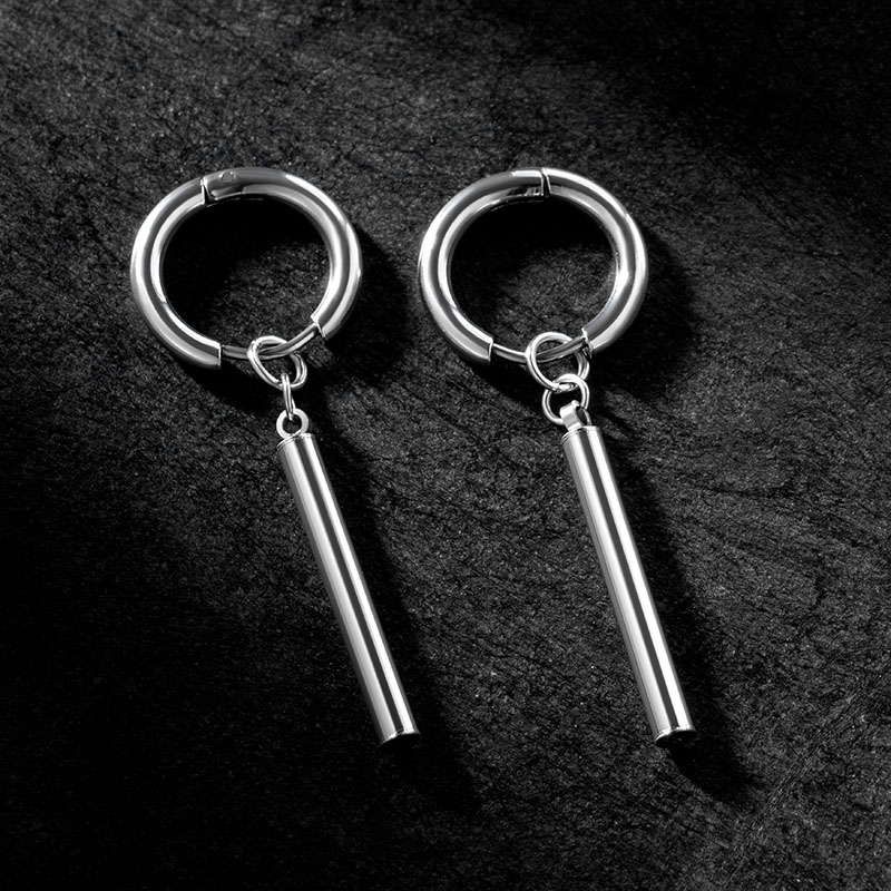 Round Stick Stainless Steel Hoop Earrings Silver With Street Luxury Shine - Image 4