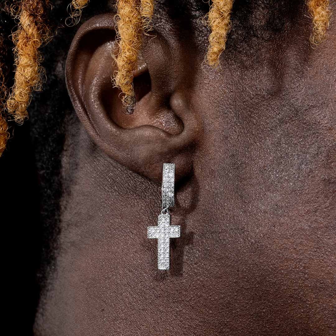 Iced Out Double Rows Cross Earring In White Gold With Street Luxury Shine - Image 3