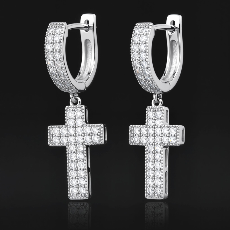 Iced Out Double Rows Cross Earring In White Gold With Street Luxury Shine - Image 4