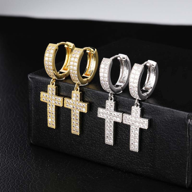Iced Out Double Rows Cross Earring In White Gold With Street Luxury Shine