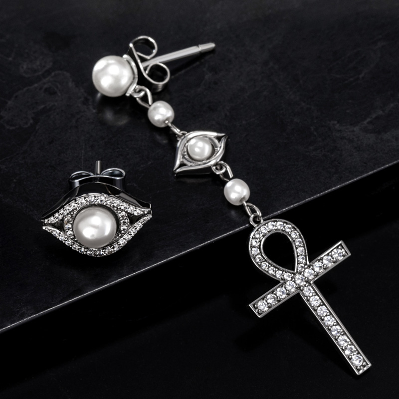 Asymmetric Eye Of Amulet Ankh Pearl Earrings Gold With Street Luxury Shine - Image 6